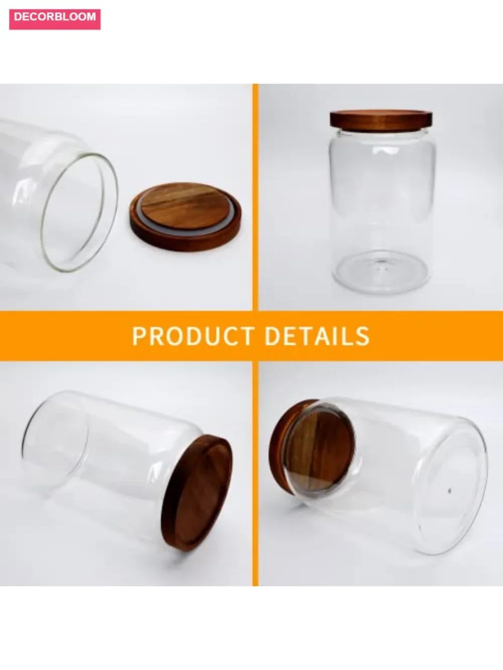 Set of 3 Large Glass Jars with Wooden Airtight Lids Food Storage Tea Spice